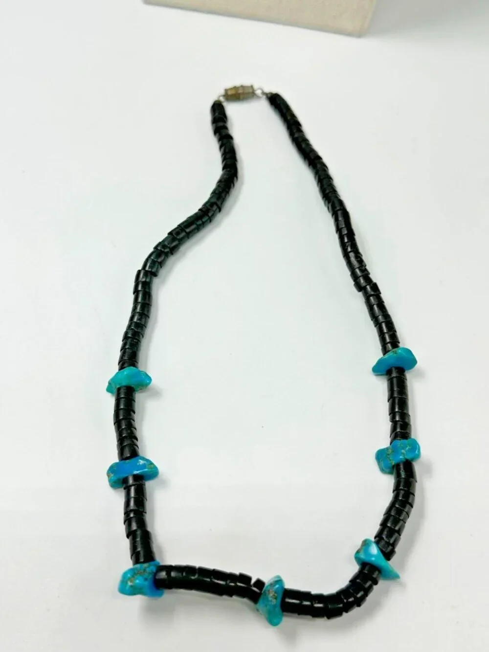Vintage Turquoise Nugget Beaded Necklace Men Black Heishi Beads Barrel Clasp
